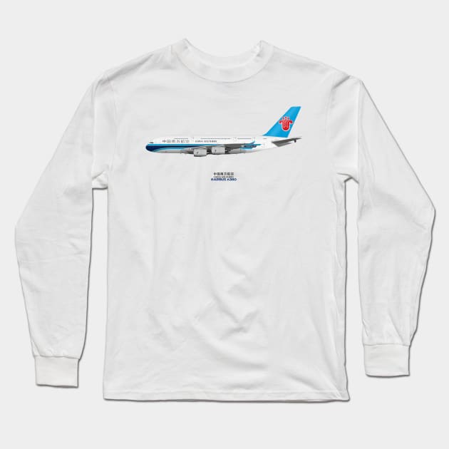 Illustration of China Southern Airbus A380 Long Sleeve T-Shirt by SteveHClark